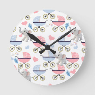 Horloge Ronde Poussette bébé cigogne éléphant bleu et rose horlo