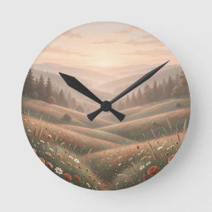Horloge Ronde Prairie de fleurs sauvages à l'heure dorée, collin