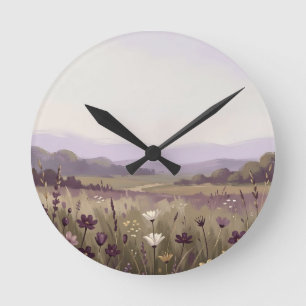 Horloge Ronde Prairie de fleurs sauvages violettes sereines et c