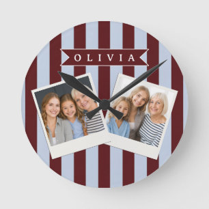 Horloge Ronde Pré-imprimé personnalisé marron bleu cabane rayé