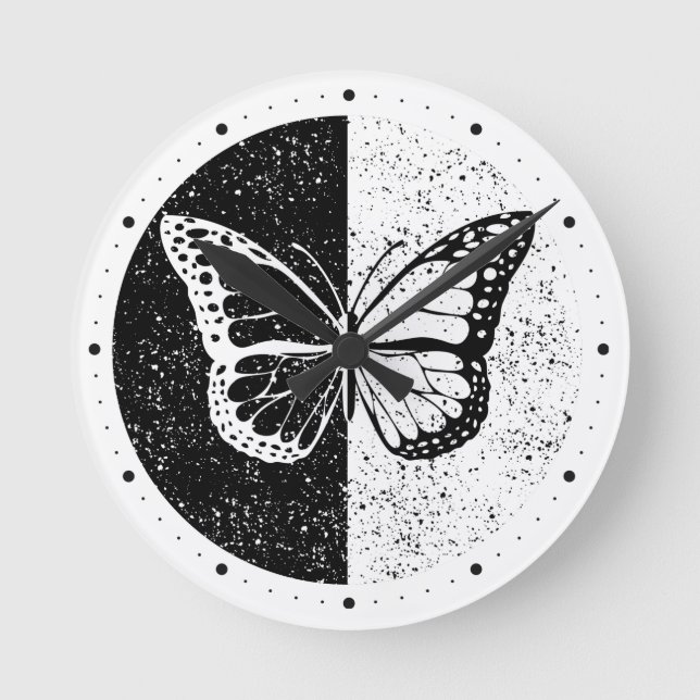 Horloge Ronde Pretty Elegant Butterfly Black & White Day Night (Recto)