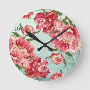 Horloge Ronde Pretty Retro Flower Chintz Peonies