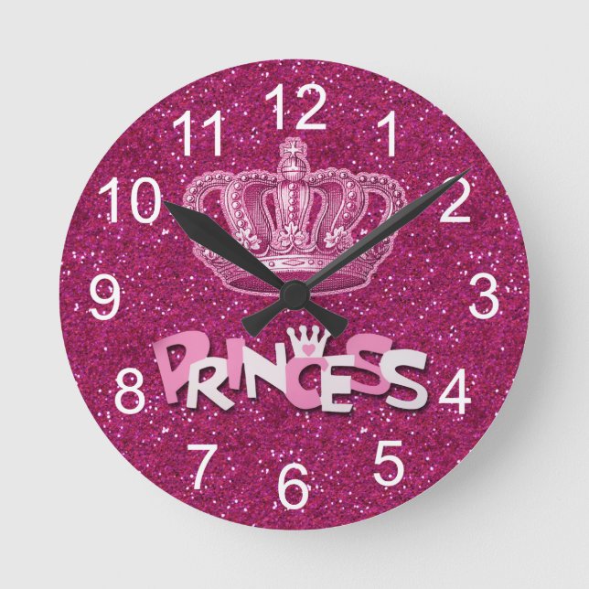 Horloge Ronde Princesse Rose Pailleté Brillante Glitter & Couron (Recto)