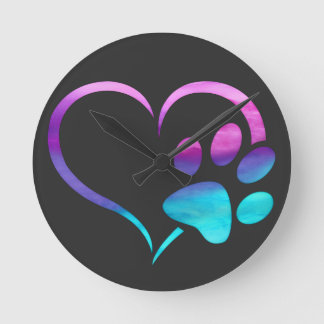 Horloge Ronde Purple Cyan Dog paw Print Heart 