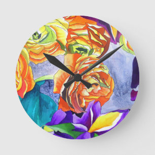 Horloge Ronde Ranunculus and Iris watercolour art