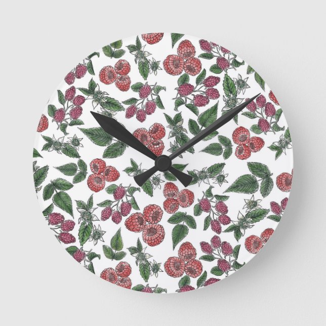 Horloge Ronde Raspberry Fruit Leaves Illustration Pattern (Recto)