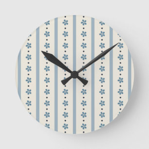 Horloge Ronde Rayures Bleues Et Crème Et Fleurs