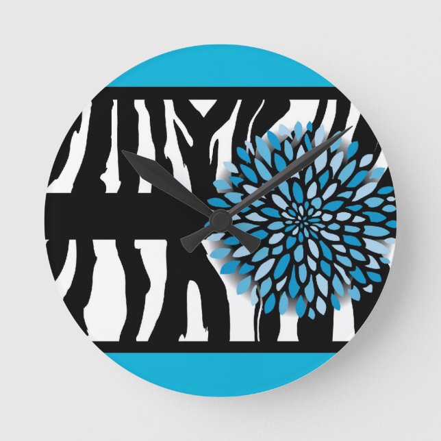 Horloge Ronde Rayures de zèbre avec le chrysanthème bleu (Recto)