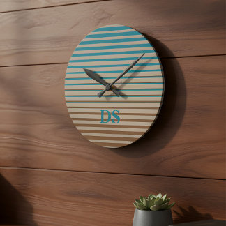 Horloge Ronde Rayures horizontales Monogramme Brown et bleu