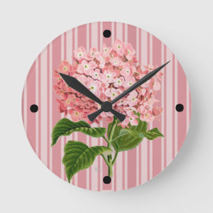 Horloge Ronde Rayures roses et hortensia