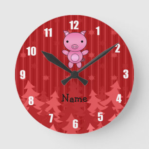Horloge Ronde Rayures rouges personnalisées d'arbres de Noël de