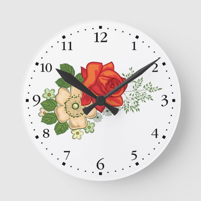 Horloge Ronde Red Rose and Daisies Clockface 1 Black (Recto)