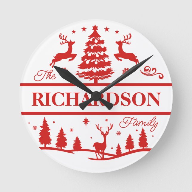 Horloge Ronde Red White Christmas Nom de famille personnalisé (Recto)