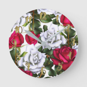 Horloge Ronde Red & White Roses Shabby Chic Rustic Modern Glam
