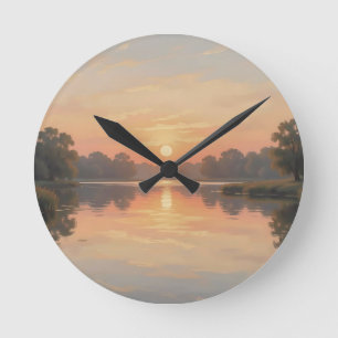 Horloge Ronde Reflet du lac à l'heure dorée Impressionniste