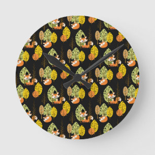 Horloge Ronde Renard Automne Arbres Forêt Nuit Noire Hipster