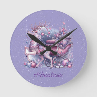 Horloge Ronde Renard de Noël violet blanc