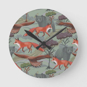 Horloge Ronde Renard et ours vert
