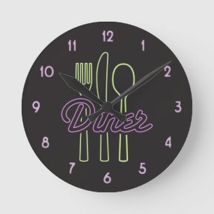 Horloge Ronde Restaurant néon des années 50 Vert, couverts argen