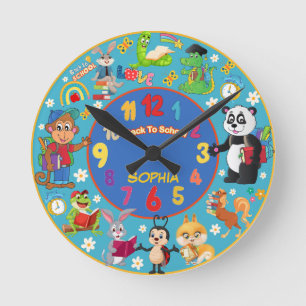 HORLOGE RONDE RETOUR À L'ÉCOLE CUTE ANIMAUX NOM PERSONNALISABLE