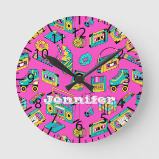 Horloge Ronde Retro 1980 Neon Pink Turquoise Motif Pop Art Music