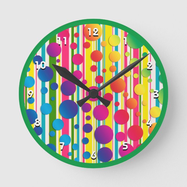 Horloge Ronde [Rétro Bulles] Vert rayé à pois rétro (Recto)