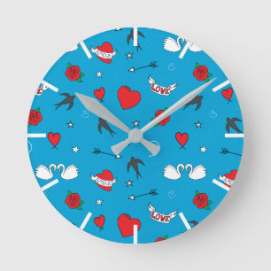 Horloge Ronde Retro Hearts and Flowers Romantique