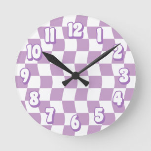 Horloge Ronde Retro Pastel violet blanc Wavy Checkerboard