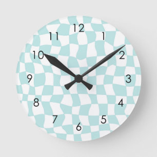 Horloge Ronde Retro Super Pastel Bleu Chèques Blancs À damiers