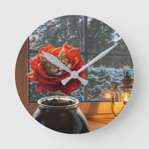 Horloge Ronde Rêve de chat rose 