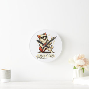 Horloge Ronde Rock On Guitare Chien Drôle Rock Musique