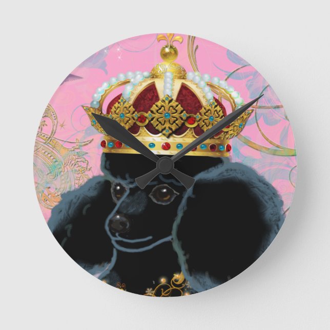Horloge Ronde Roi de caniche noir avec couronne (Recto)