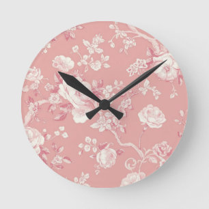 Horloge Ronde Rose ancienne toile motif floral rose tendre