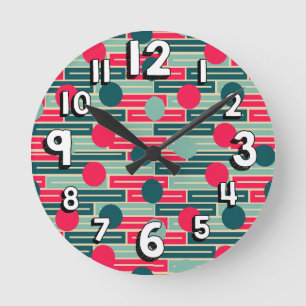 Horloge Ronde Rose, Bleu clair, Rectangles Turquoises et cercles