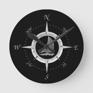 Horloge Ronde Rose de voilier et de boussole