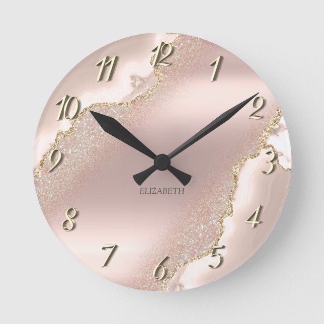 Horloge Ronde Rose élégant Marbre Parties scintillant or chic (Recto)