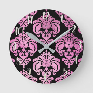 Horloge Ronde Rose et noir damas moderne personnalisé