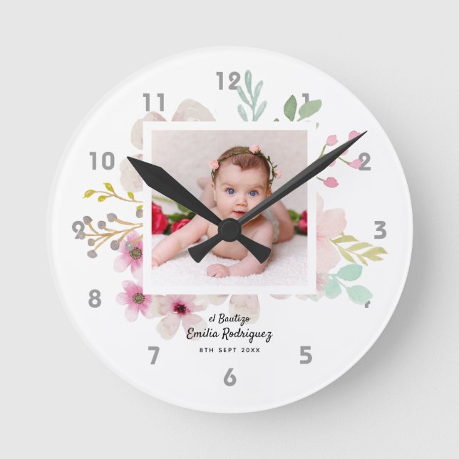 Horloge Ronde Rose florale rose PHOTO BAUTIZO baptême filles nom (Recto)
