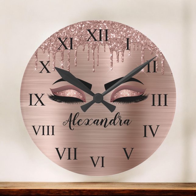 Horloge Ronde Rose Gold Glitter Sparkle Eyelashes Monogram (Créateur téléchargé)