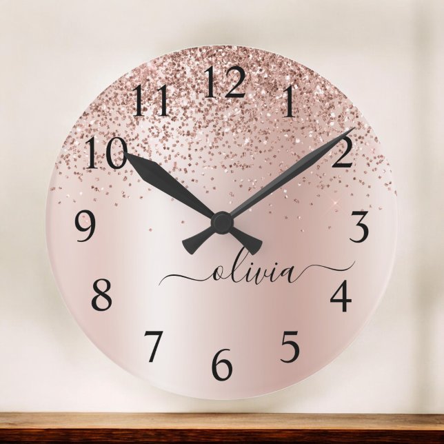 Horloge Ronde Rose Gold - Parties scintillant rose pâle Nom du m (Créateur téléchargé)