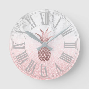 Horloge Ronde Rose Gold Pineapple+Neige Bokeh+Marbre