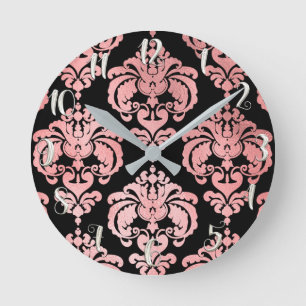 Horloge Ronde Rose Gold Rose & Noir Damassé Moderne Personnalisé