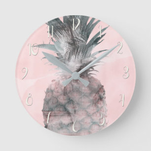 Horloge Ronde Rose Gold Rose Tropical Été Ananas Glam