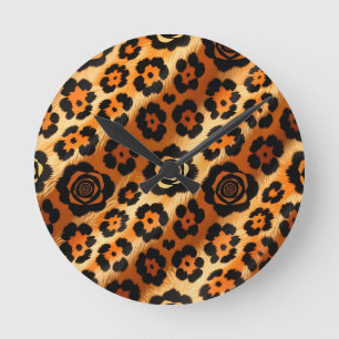 Horloge Ronde Rose Imprimé Animalier Léopard Doré