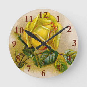 Horloge Ronde Rose jaune Antique Vintage Imprimer Art