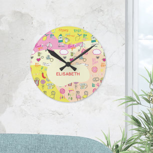 Horloge Ronde Rose pastel féminin Kawaii Doodle