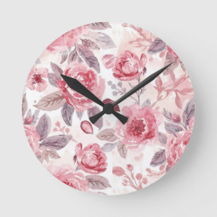 Horloge Ronde Rose Pivoine Roseau Aquarelle Jardin Floral