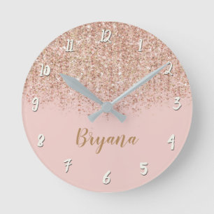 Horloge Ronde Rose Poudré & Paillettes Rose Doré Glamour Féminin