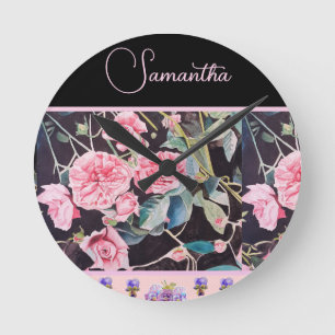 Horloge Ronde Rose rose pink aquarelle vintage personnalisable