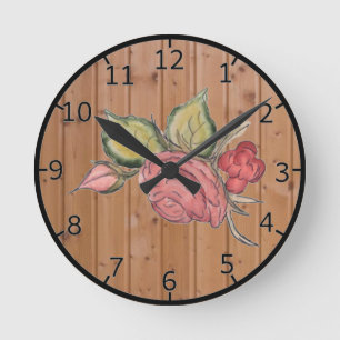 Horloge Ronde Rose rouge sur l'arrière - plan en bois